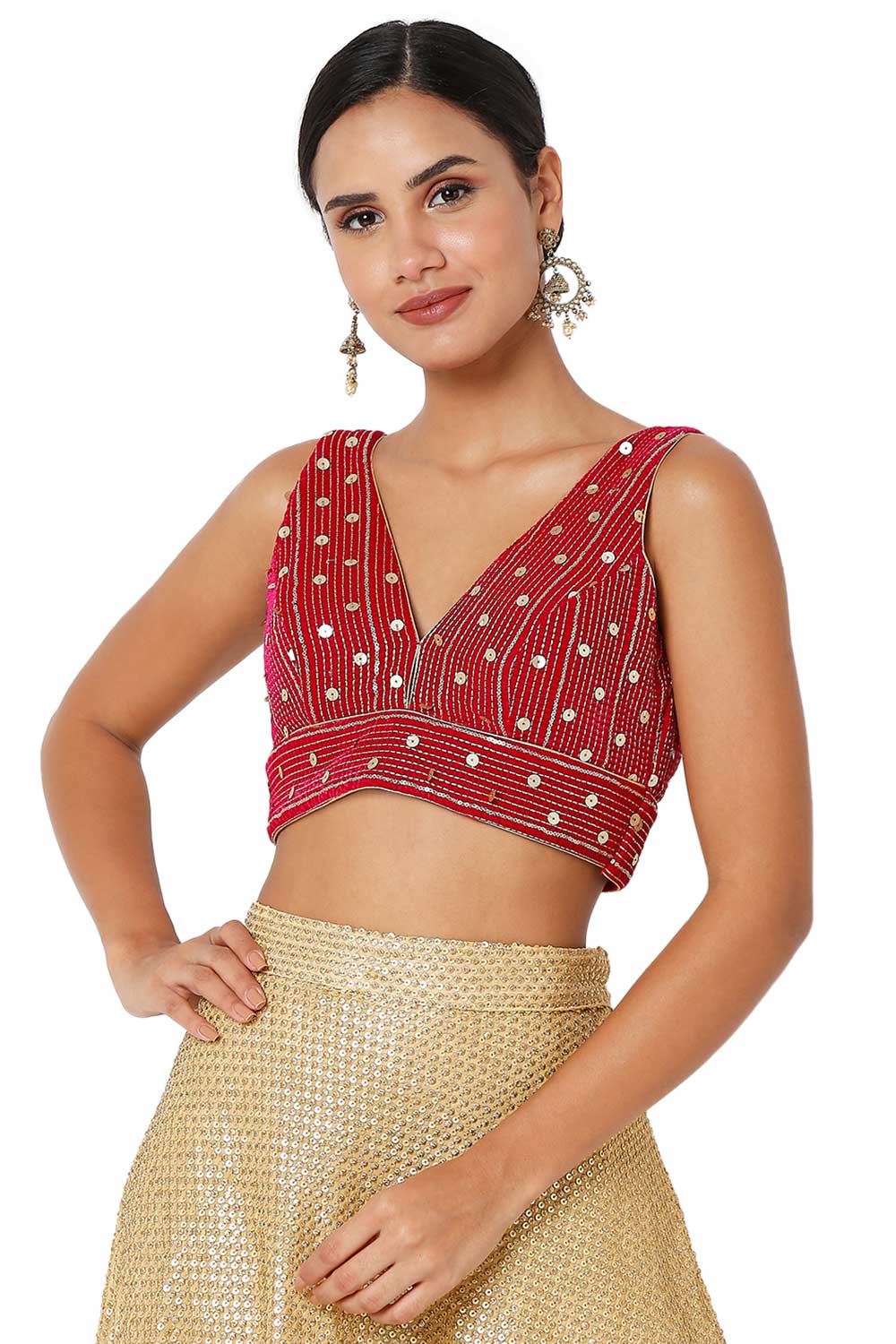 Buy Layla Pink Velvet Embroidered V-Neck Sleeveless Blouse Online - One Minute Saree