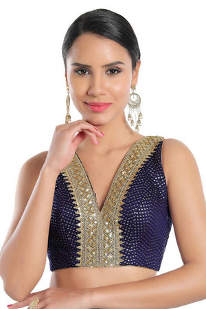 Buy Uma Navy Blue Art Silk Sequin V-Neck Sleeveless Blouse Online - One Minute Saree