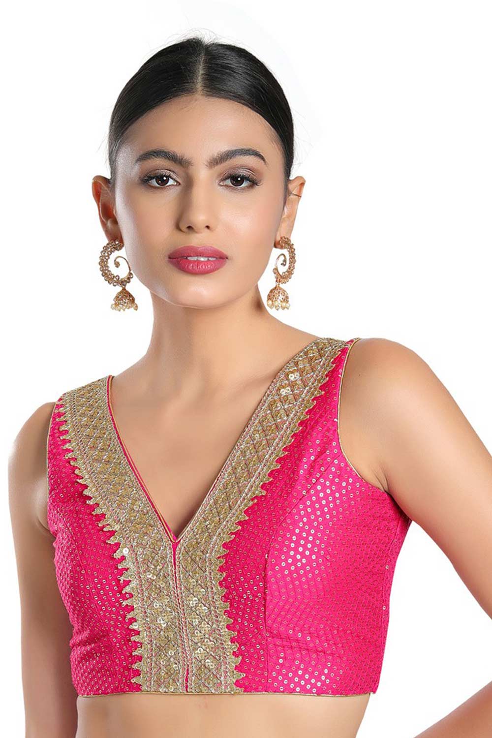 Buy Uma Pink Art Silk Sequin V-Neck Sleeveless Blouse Online - One Minute Saree