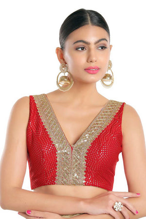 Buy Uma Red Art Silk Sequin V-Neck Sleeveless Blouse Online - One Minute Saree