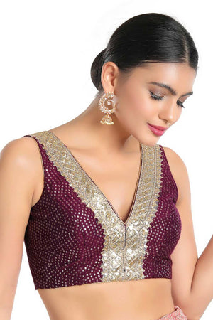 Buy Uma Wine Art Silk Sequin V-Neck Sleeveless Blouse Online - One Minute Saree