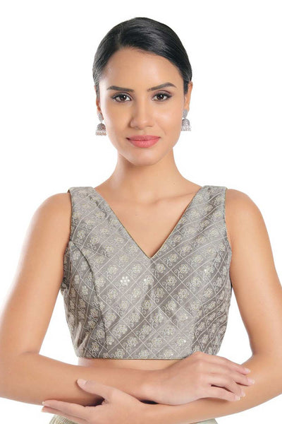 Buy Blanche Grey Art Silk Embroidered Sleeveless Blouse Online - One Minute Saree