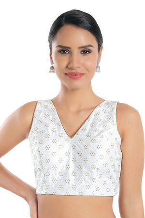 Buy Blanche White Art Silk Embroidered V-Neck Sleeveless Blouse Online - One Minute Saree