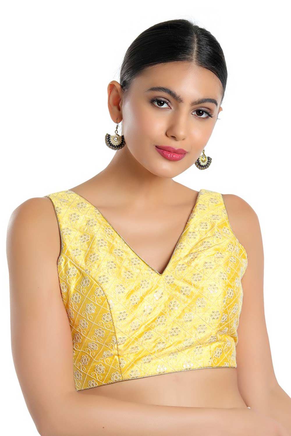 Buy Blanche Yellow Art Silk Embroidered Sleeveless Blouse Online - One Minute Saree