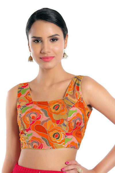 Buy Raina Orange Chiffon Embroidered Sleeveless Blouse Online - One Minute Saree