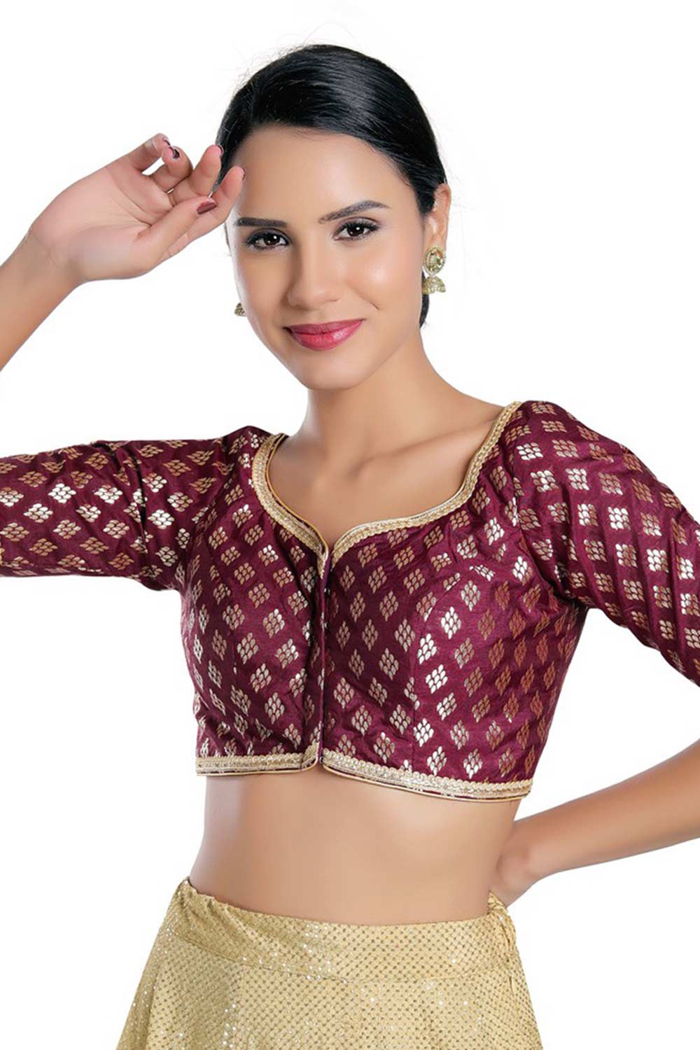 Buy Aria Wine Chanderi Brocade Woven Blouse Online - One Minute Saree