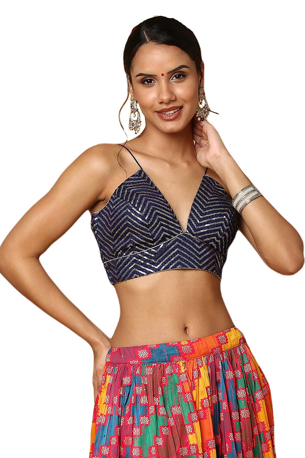 Buy Alia Navy Deep-V Strappy Sleeveless Blouse Online - One Minute Saree