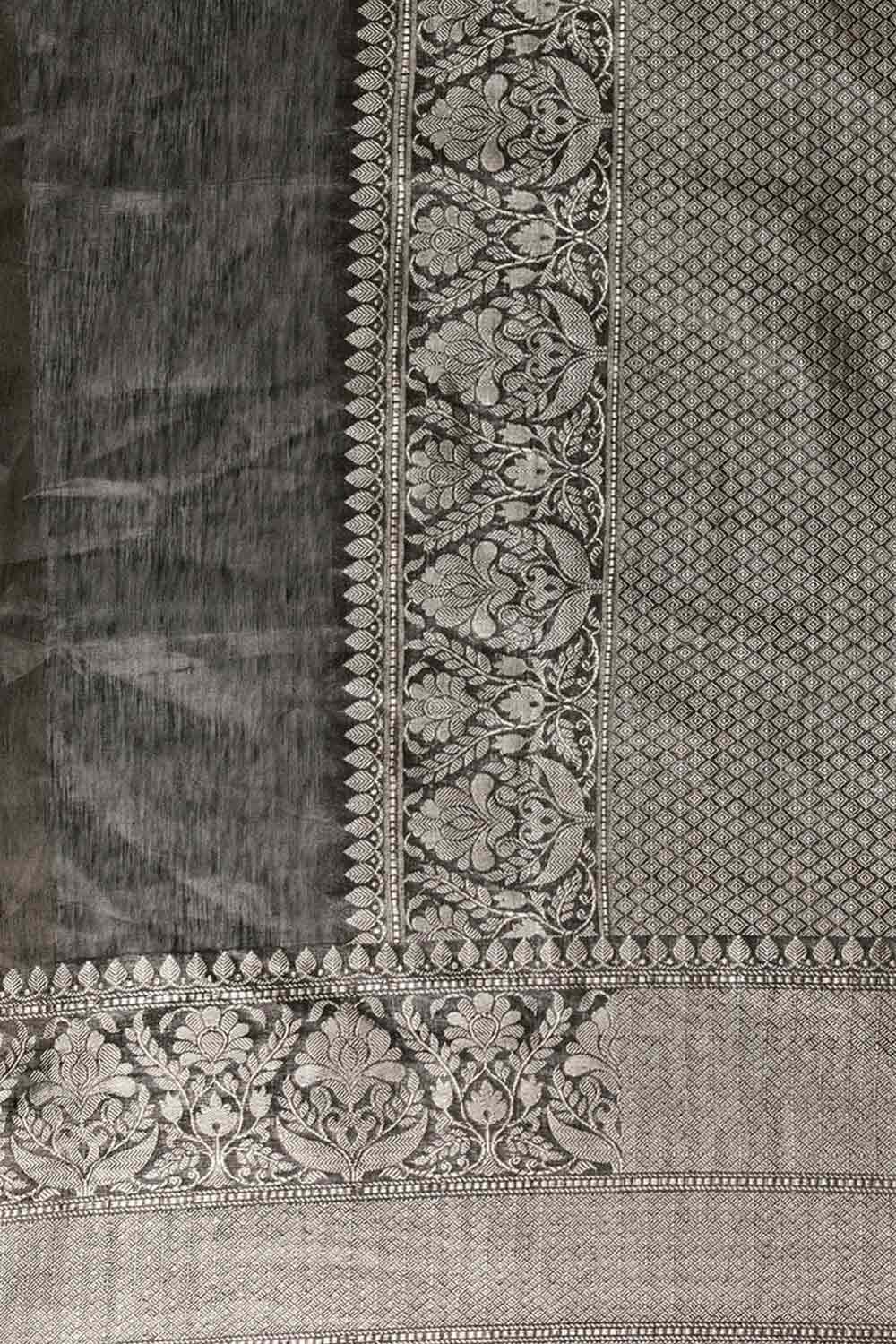 Buy Sahara Black Zari Woven Linen Blend One Minute Saree Online - Back
