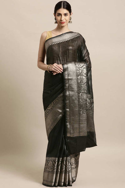 Buy Sahara Black Zari Woven Linen Blend One Minute Saree Online - One Minute Saree