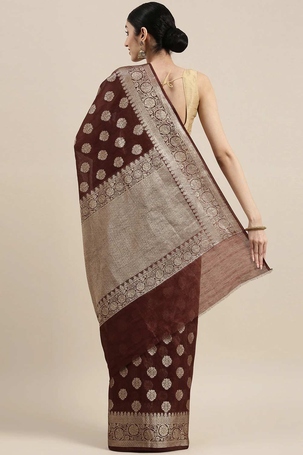 Shop Jenna Brown Zari Woven Pure Linen One Minute Saree at best offer at our  Store - One Minute Saree