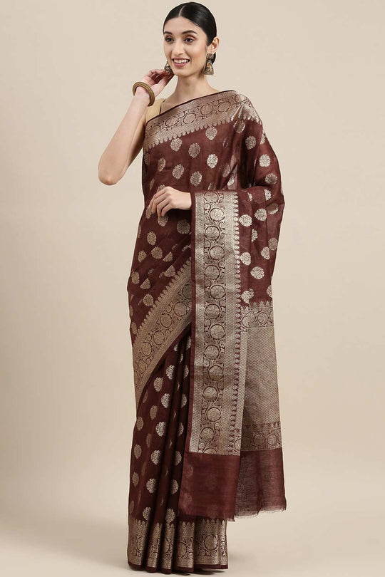 Buy Jenna Brown Zari Woven Pure Linen One Minute Saree Online - One Minute Saree