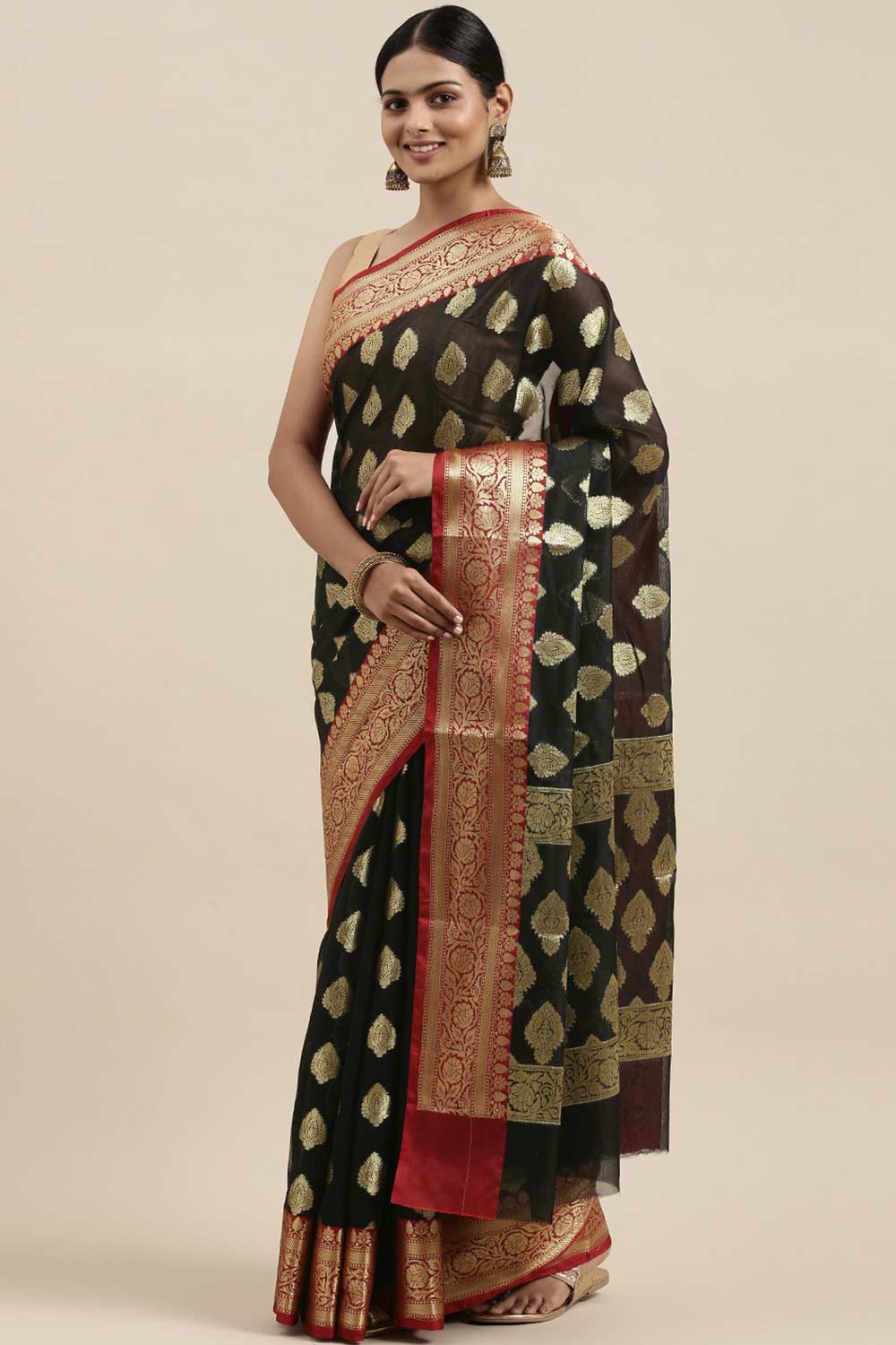 Buy Jenna Black Zari Woven Art Silk One Minute Saree Online - One Minute Saree