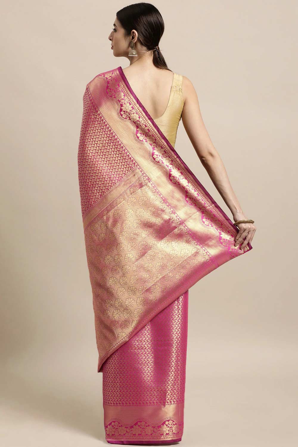 Shop Sia Pink Zari Woven Silk Blend One Minute Saree at best offer at our  Store - One Minute Saree
