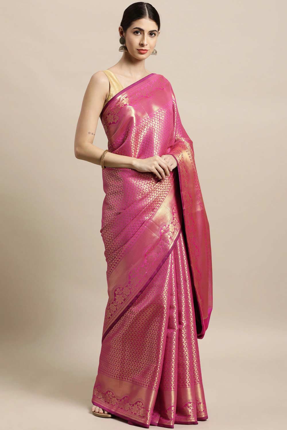 Buy Sia Pink Zari Woven Silk Blend One Minute Saree Online - One Minute Saree