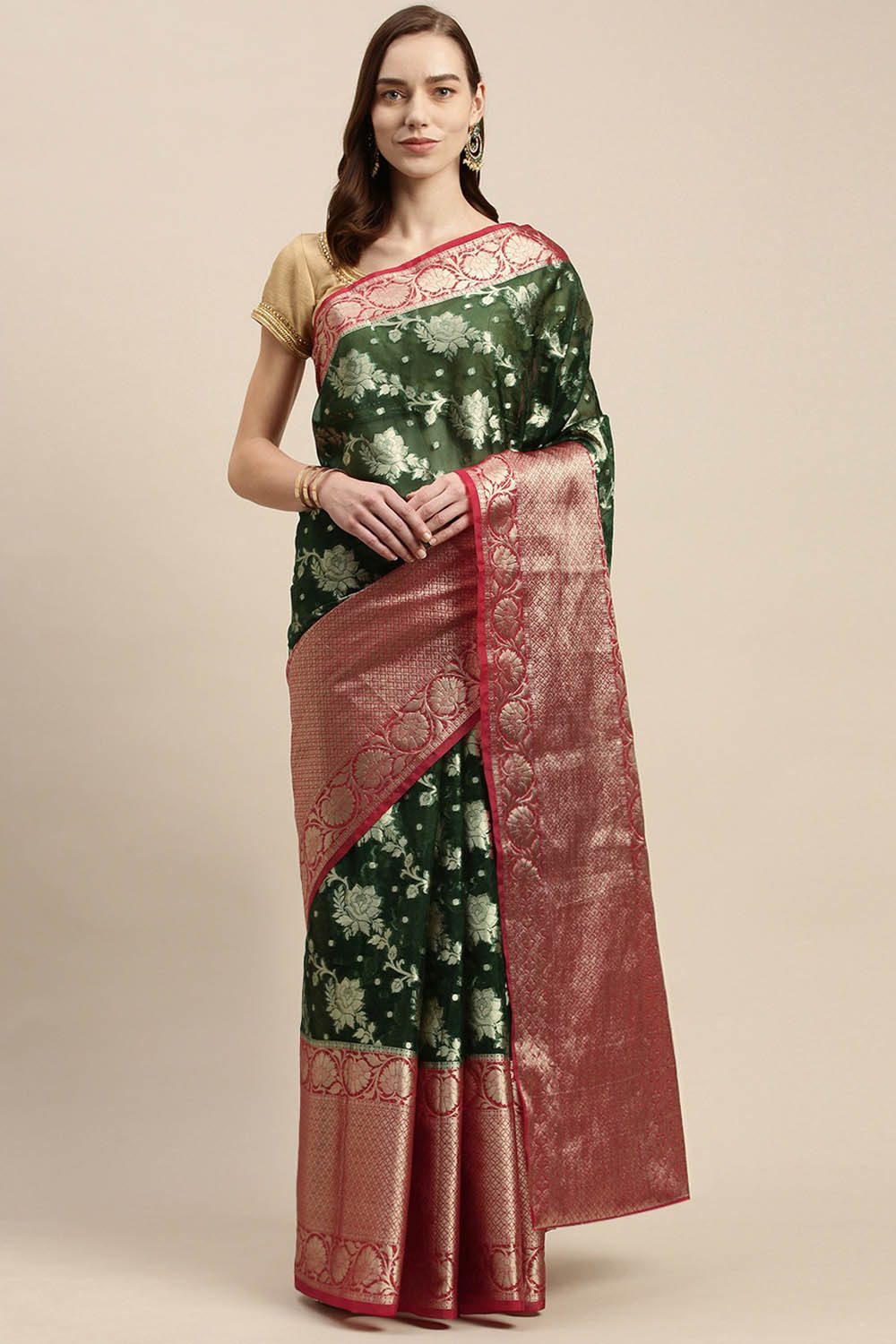 Buy Sia Dark Green Woven Organza One Minute Saree Online - One Minute Saree