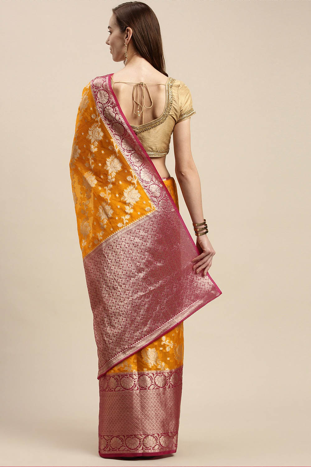 Shop Sharon Yellow Woven Organza One Minute Saree at best offer at our  Store - One Minute Saree