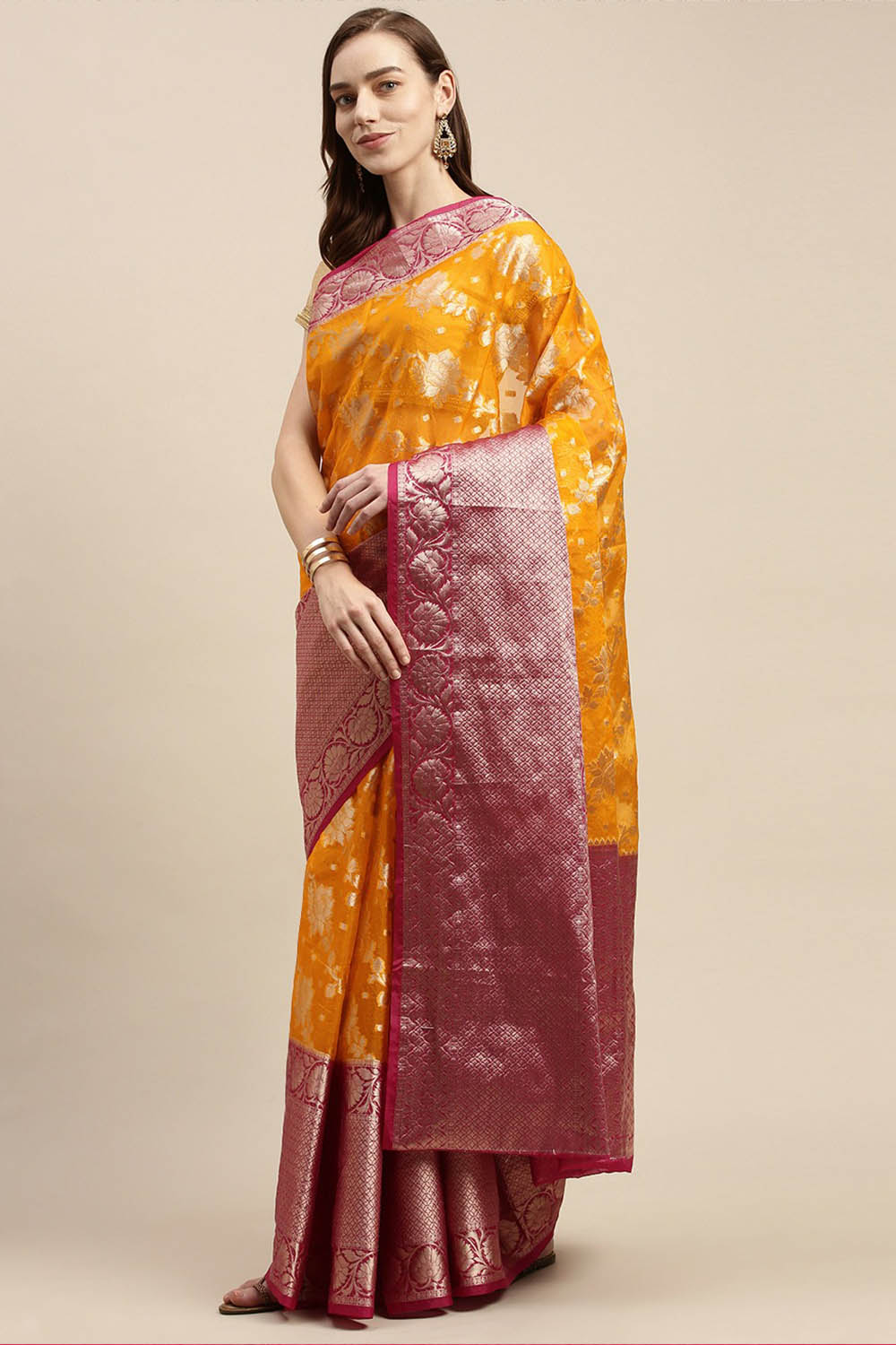 Buy Sharon Yellow Woven Organza One Minute Saree Online - One Minute Saree