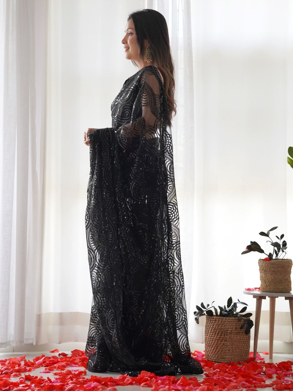 Buy Alisa Black Net Sequins One Minute Saree Online