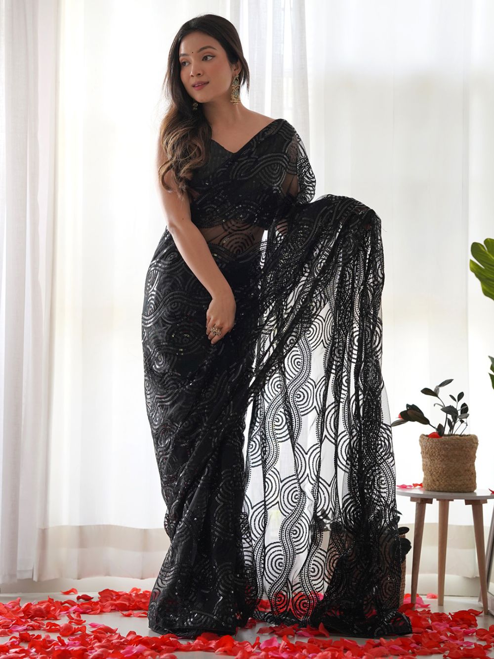 Buy Alisa Black Net Sequins One Minute Saree Online - Back