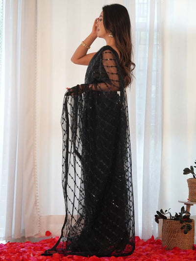 Buy Alina Black Net Party Wear Embellished Saree Online - Back