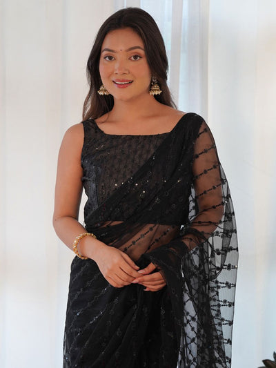 Buy Alina Black Net Party Wear Embellished Saree Online - Front
