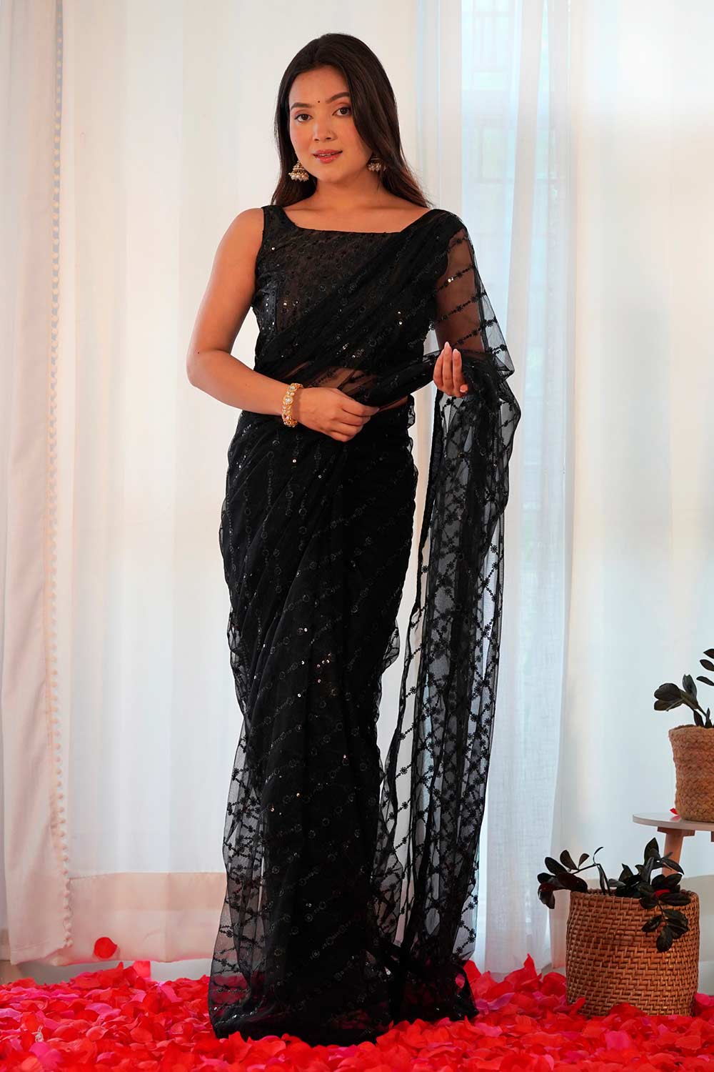 Buy Alina Black Net Party Wear Embellished Saree Online - One Minute Saree