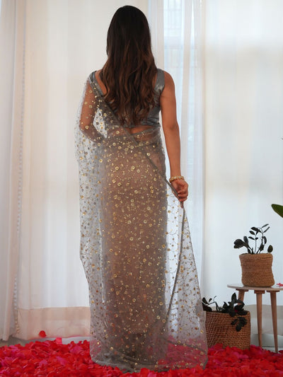 Shop Yulia Grey Net Gold Embellished One Minute Saree at best offer at our  Store - One Minute Saree