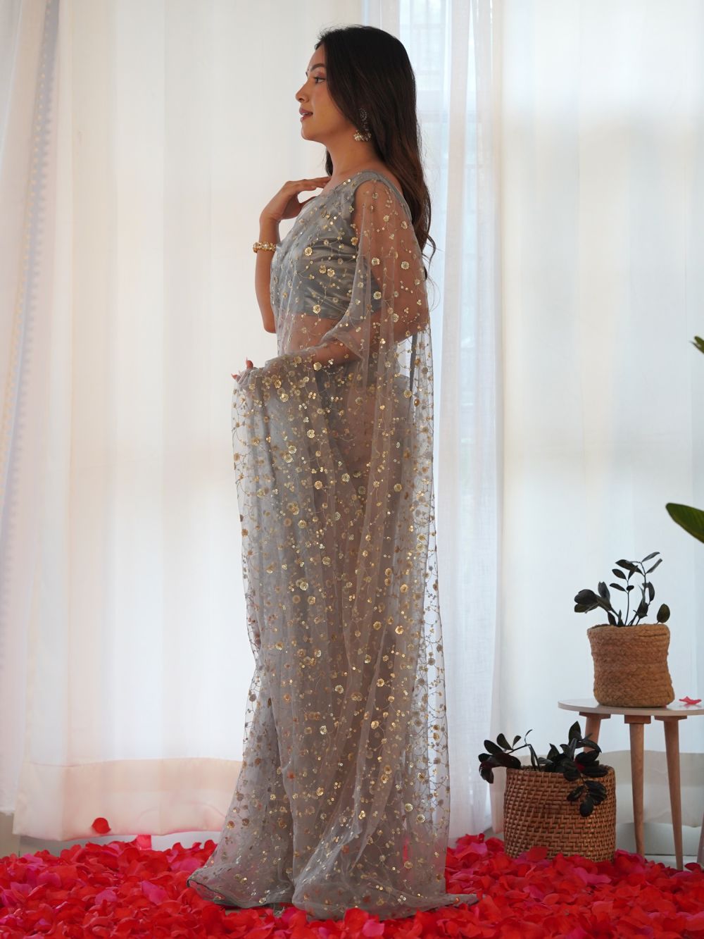 Buy Yulia Grey Net Gold Embellished One Minute Saree Online