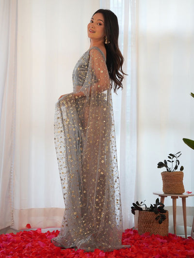 Buy Yulia Grey Net Gold Embellished One Minute Saree Online - Back