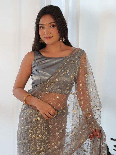 Buy Yulia Grey Net Gold Embellished One Minute Saree Online - Front