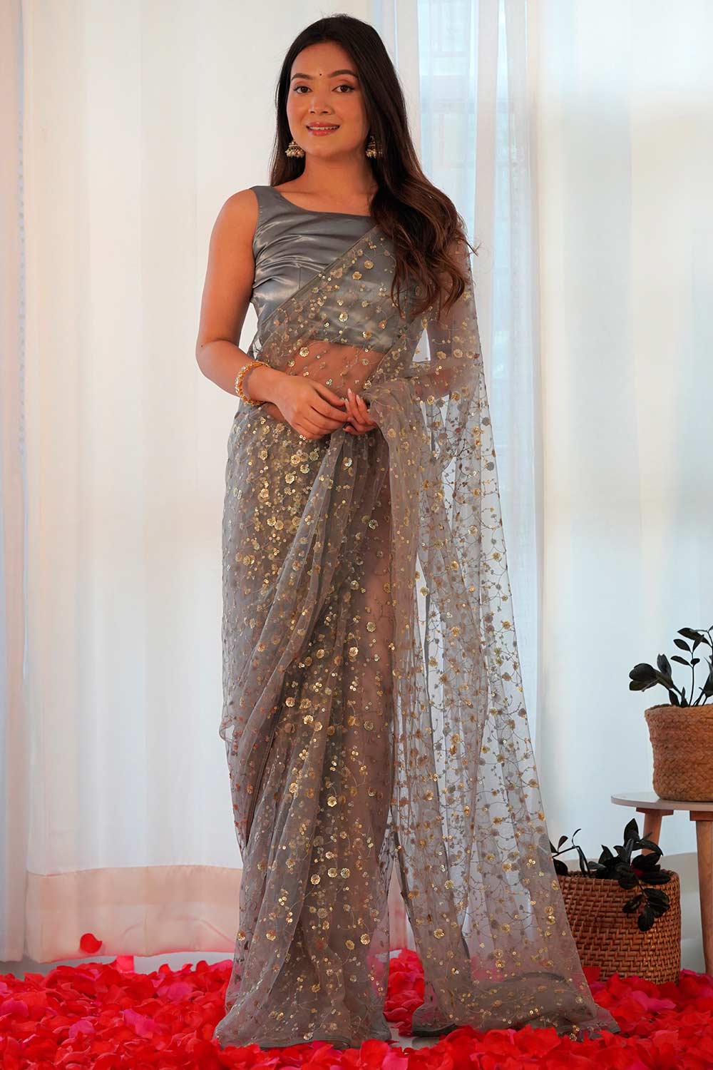 Buy Yulia Grey Net Gold Embellished One Minute Saree Online - One Minute Saree