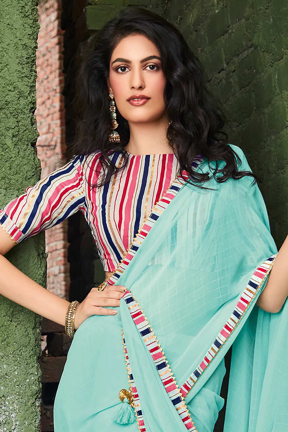 Shop Ari Georgette Sea Green Printed Designer One Minute Saree at best offer at our  Store - One Minute Saree