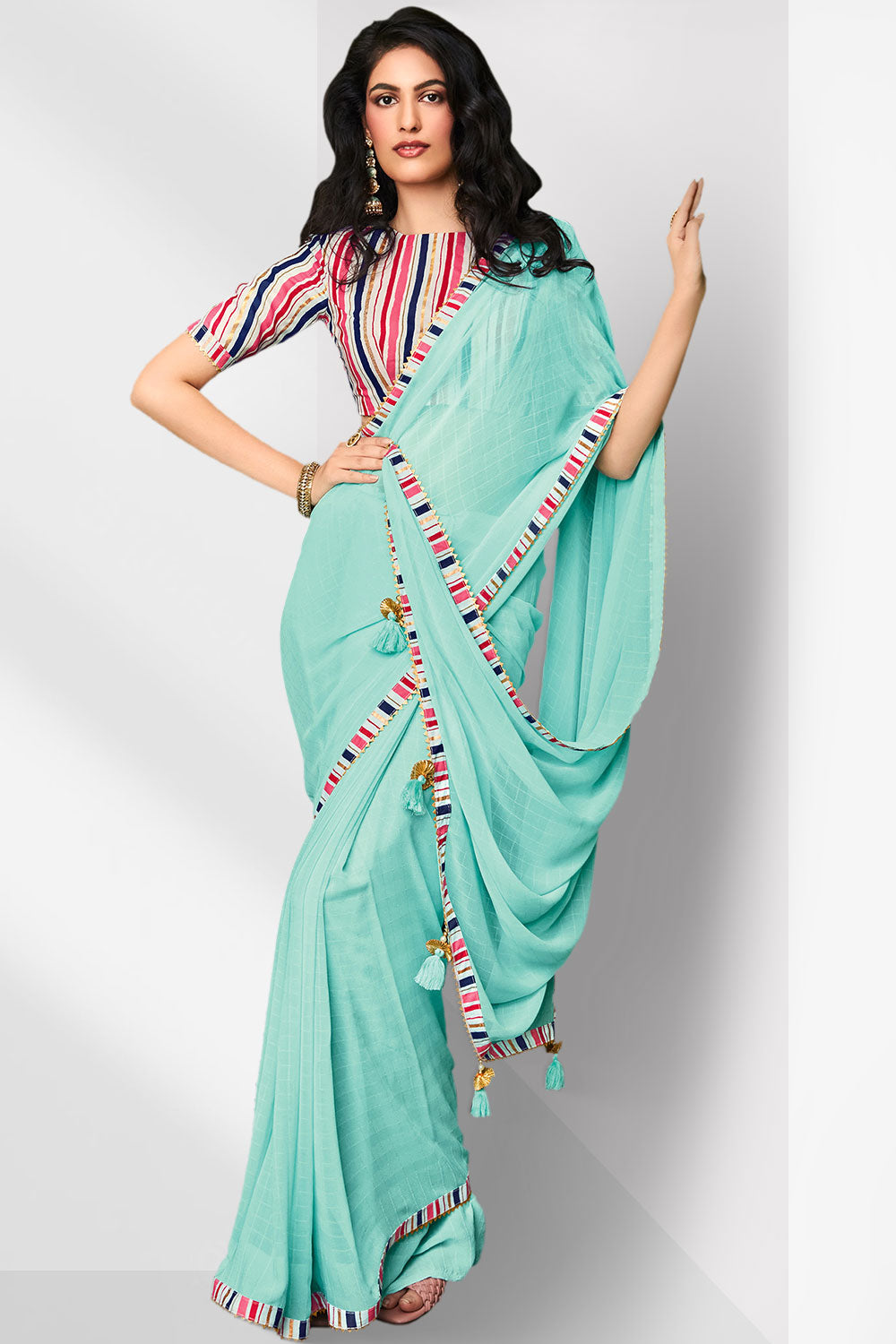 Buy Ari Georgette Sea Green Printed Designer One Minute Saree Online - One Minute Saree