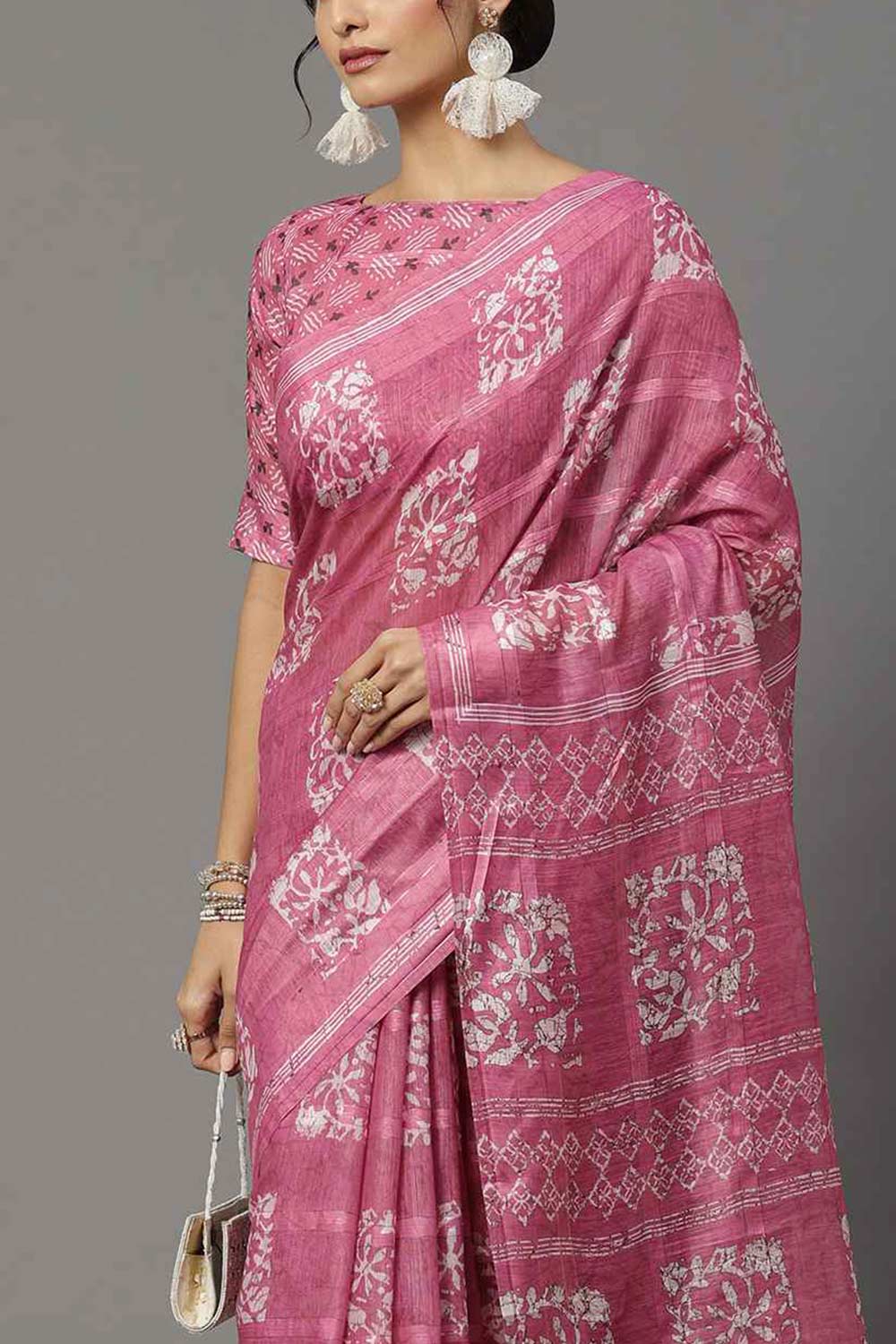 Buy Taj Pink Soft Silk Block Print Printed One Minute Saree Online - Zoom In