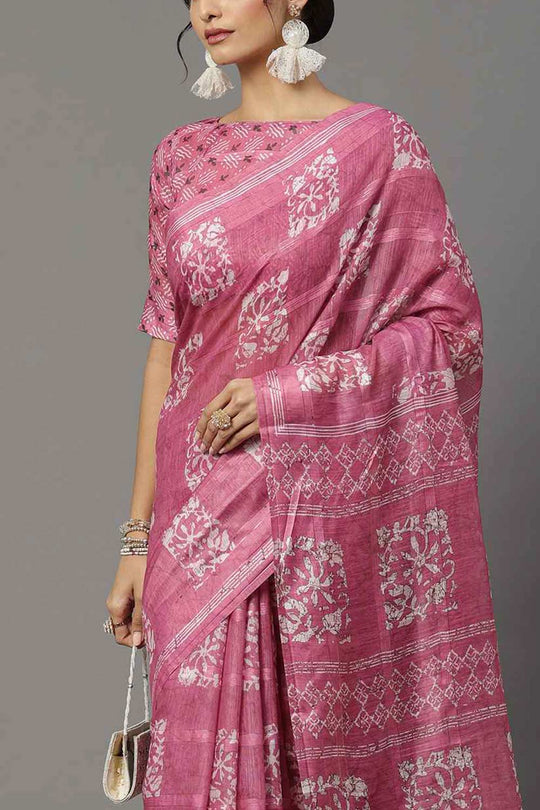 Buy Taj Pink Soft Silk Block Print Printed One Minute Saree Online - Zoom In