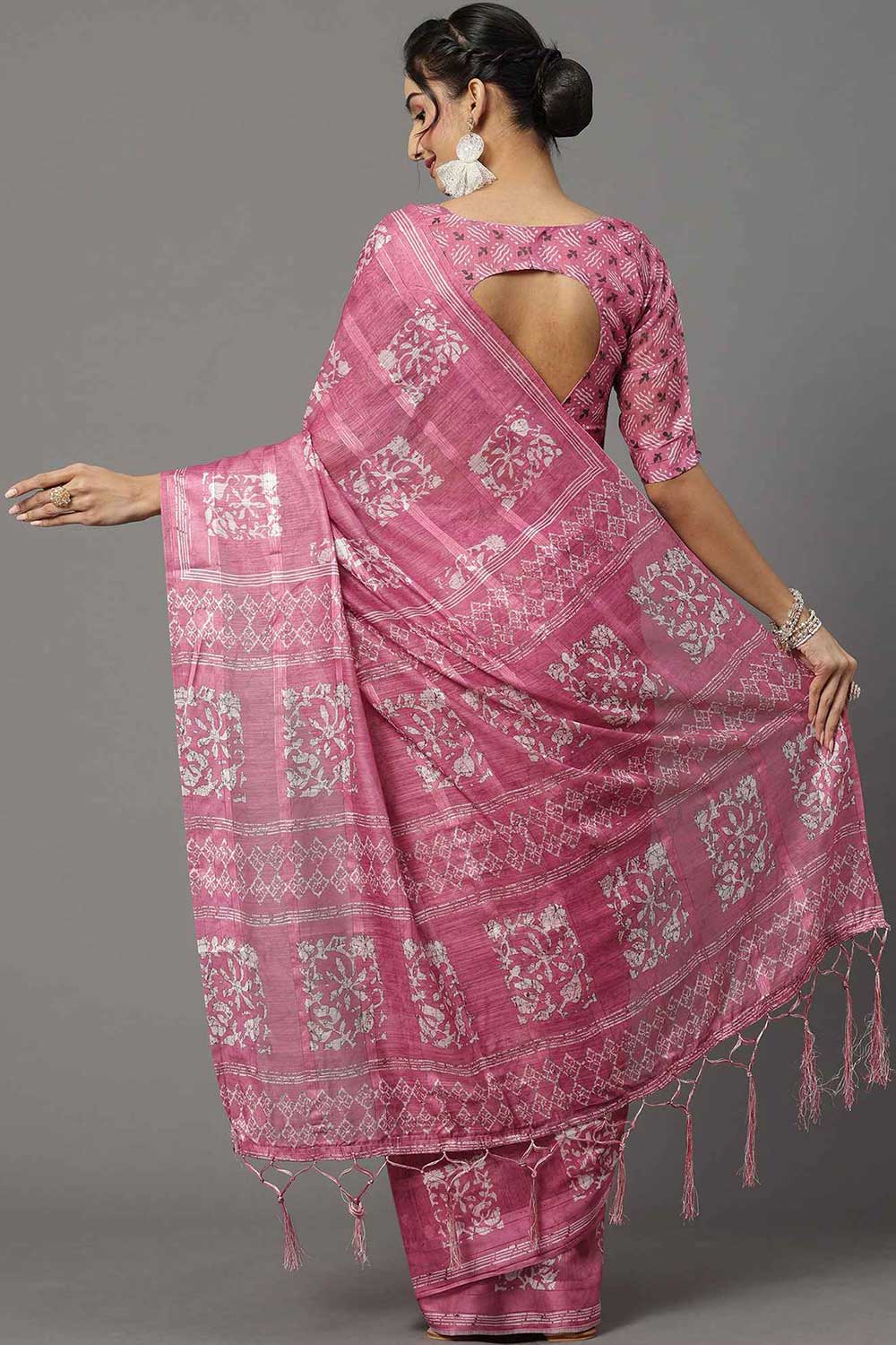 Shop Taj Pink Soft Silk Block Print Printed One Minute Saree at best offer at our  Store - One Minute Saree