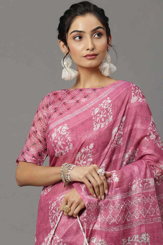 Buy Taj Pink Soft Silk Block Print Printed One Minute Saree Online