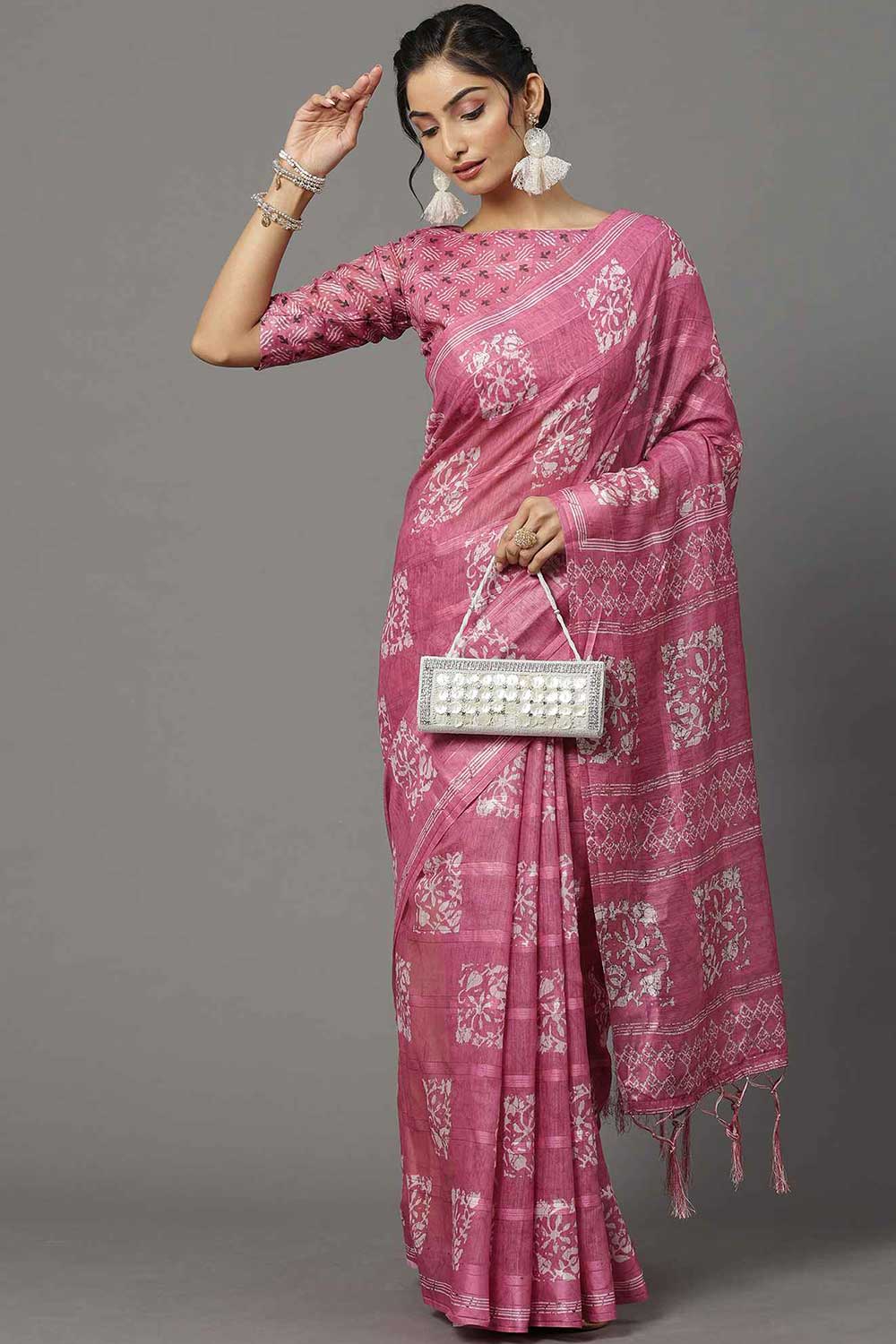 Buy Taj Pink Soft Silk Block Print Printed One Minute Saree Online - Back