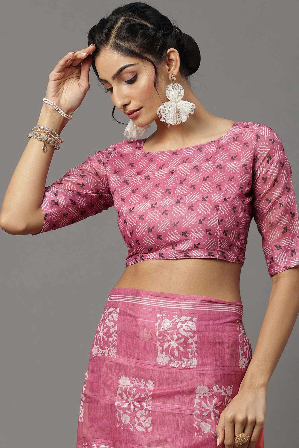 Buy Taj Pink Soft Silk Block Print Printed One Minute Saree Online - Side