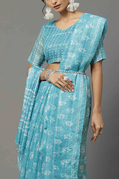 Buy Valerie Turquoise Soft Silk Bagh Block Print One Minute Saree Online - Zoom In