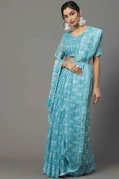 Buy Valerie Turquoise Soft Silk Bagh Block Print One Minute Saree Online - One Minute Saree