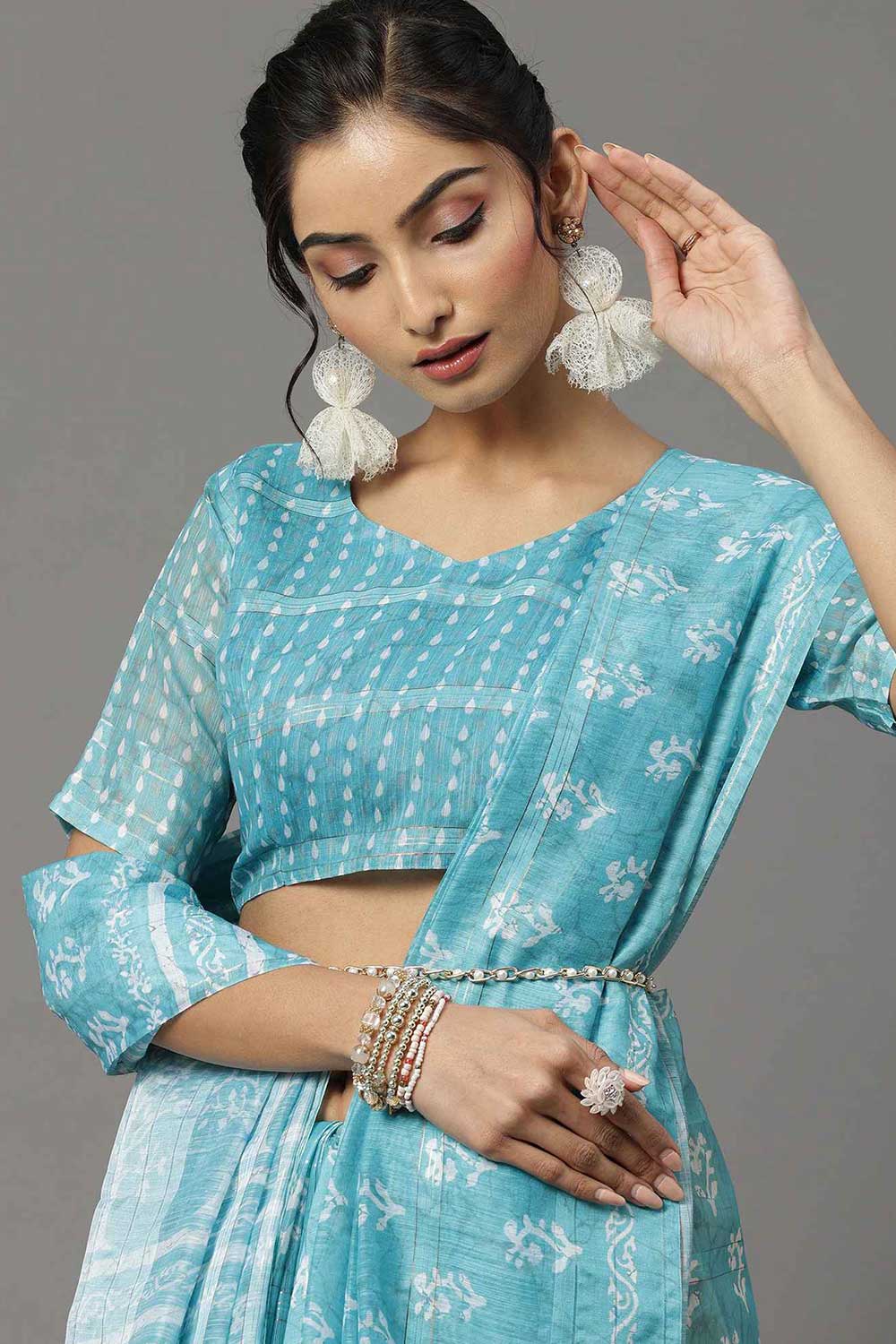 Buy Valerie Turquoise Soft Silk Bagh Block Print One Minute Saree Online