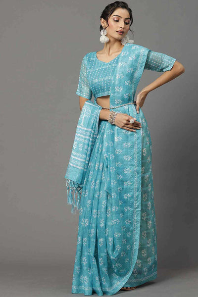 Buy Valerie Turquoise Soft Silk Bagh Block Print One Minute Saree Online - Back