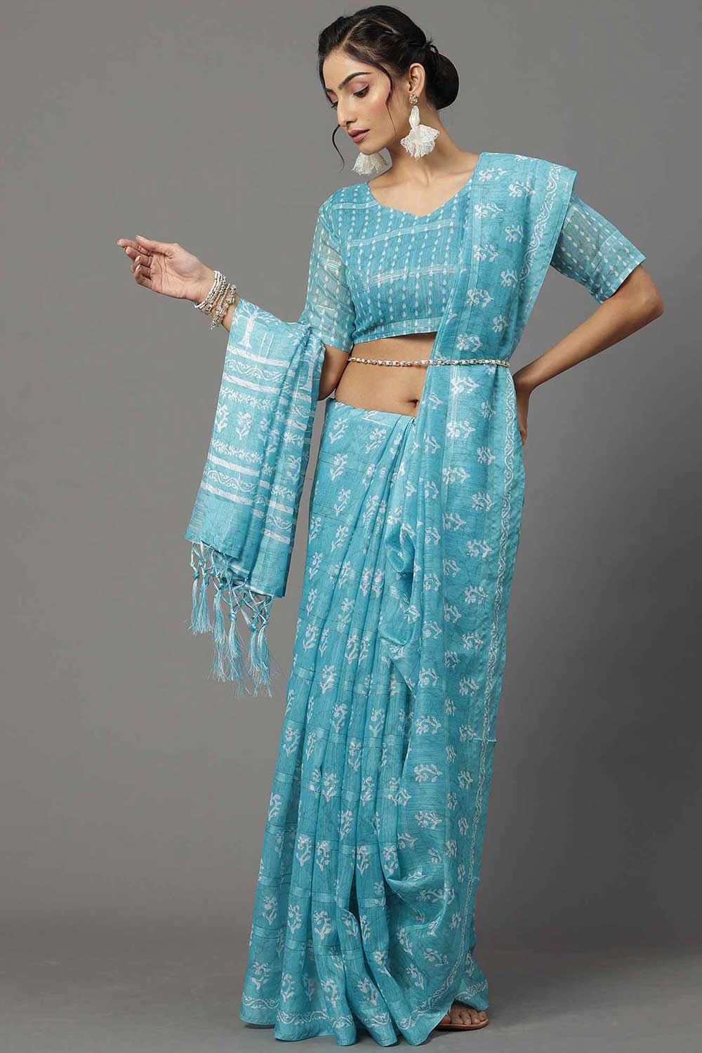 Buy Valerie Turquoise Soft Silk Bagh Block Print One Minute Saree Online - Front