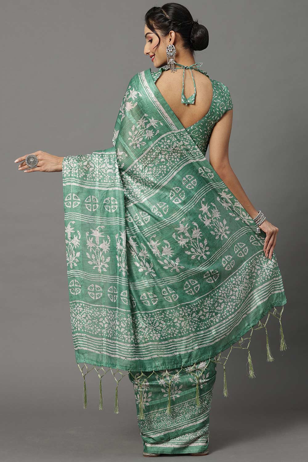 Shop Mari Sea Green Soft Silk Ikat Block Print One Minute Saree at best offer at our  Store - One Minute Saree