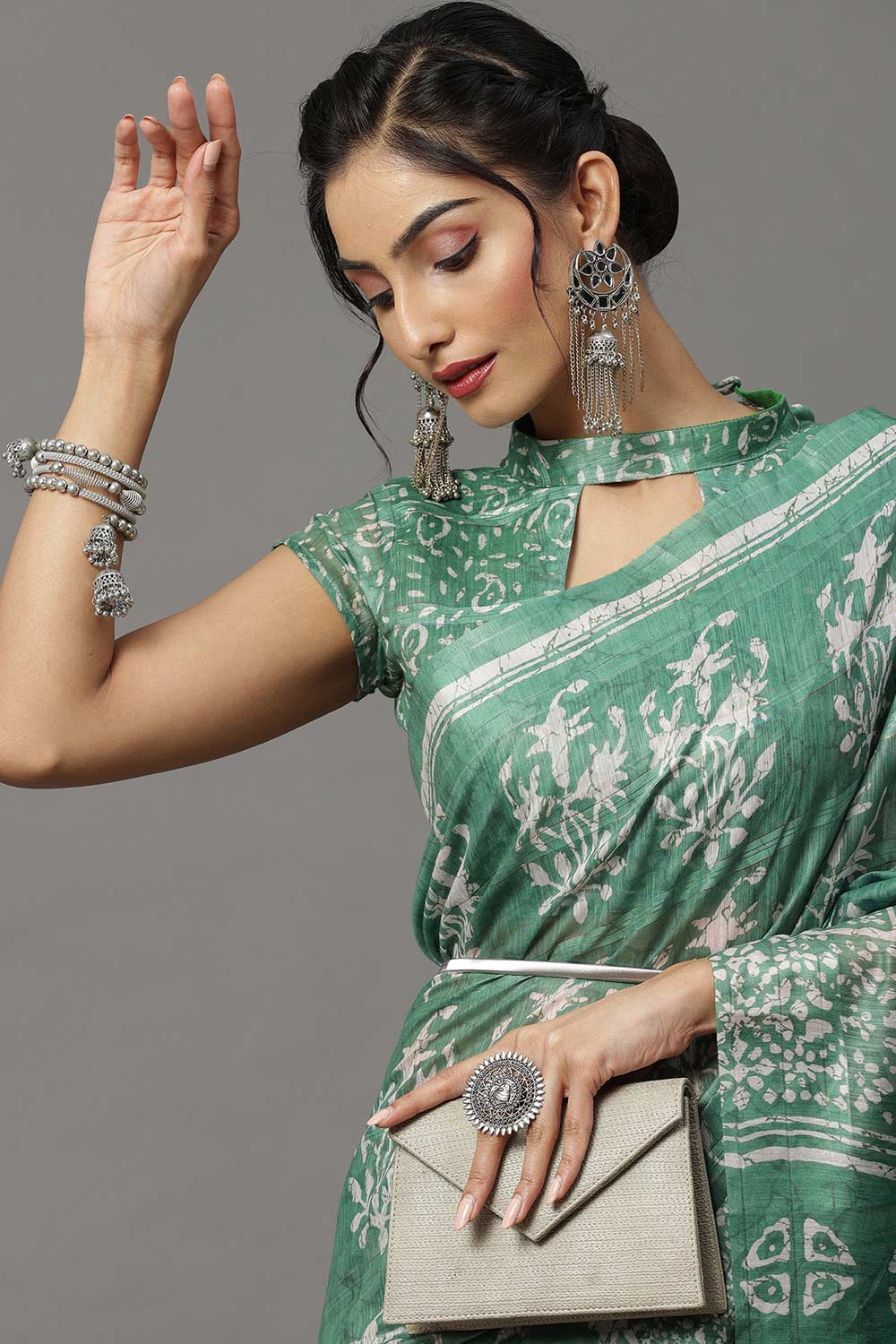 Buy Mari Sea Green Soft Silk Ikat Block Print One Minute Saree Online