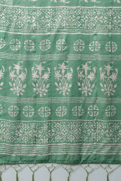 Buy Mari Sea Green Soft Silk Ikat Block Print One Minute Saree Online - Front