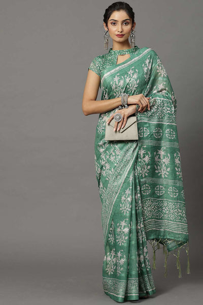 Buy Mari Sea Green Soft Silk Ikat Block Print One Minute Saree Online - One Minute Saree