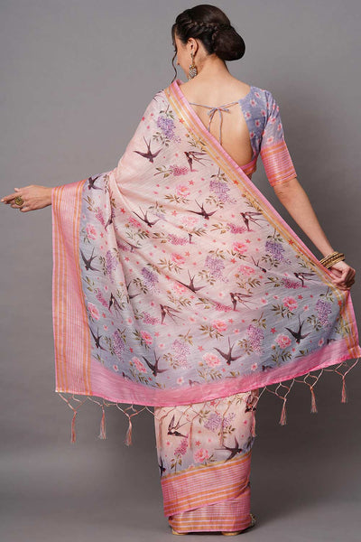Shop Bindu Peach Floral Printed Linen Blend One Minute Saree at best offer at our  Store - One Minute Saree