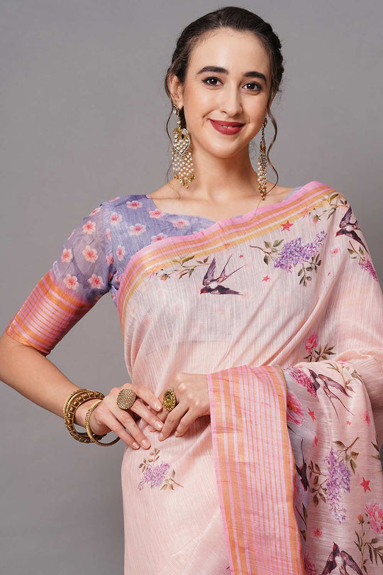 Buy Bindu Peach Floral Printed Linen Blend One Minute Saree Online